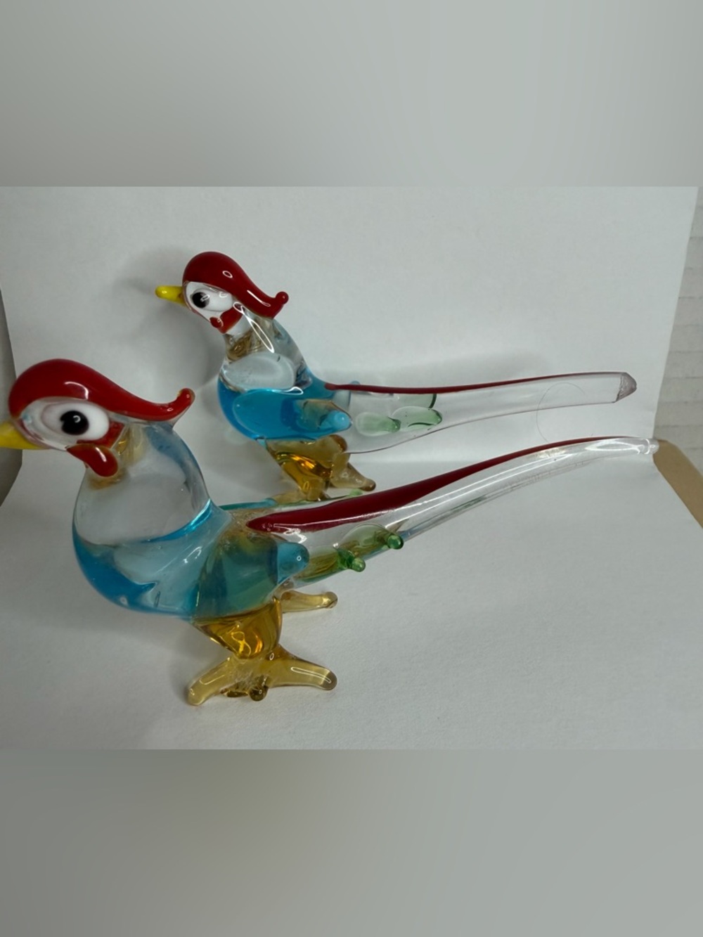 Two Colorful Roosters Pheasants Vintage Handblown Murano Style Art Glass Animal